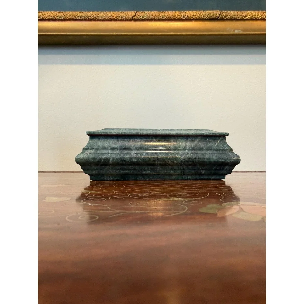 Vintage Edna Hibel Marble Jewelry Box - Signed Green Stone Trinket Box‎